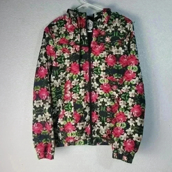 VOLCOM Girls Size Med/12 Mesh Lined Hooded Windbreaker Jacket Black Floral - Picture 1 of 8